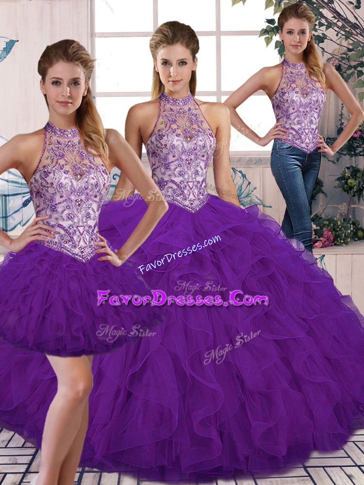  Purple Tulle Lace Up Halter Top Sleeveless Floor Length 15th Birthday Dress Beading and Ruffles