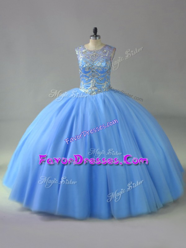  Sleeveless Tulle Floor Length Lace Up Vestidos de Quinceanera in Blue with Beading