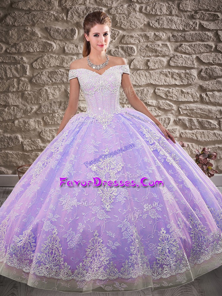 Lace Up Quince Ball Gowns Lavender for Military Ball and Sweet 16 and Quinceanera with Beading and Appliques Brush Train