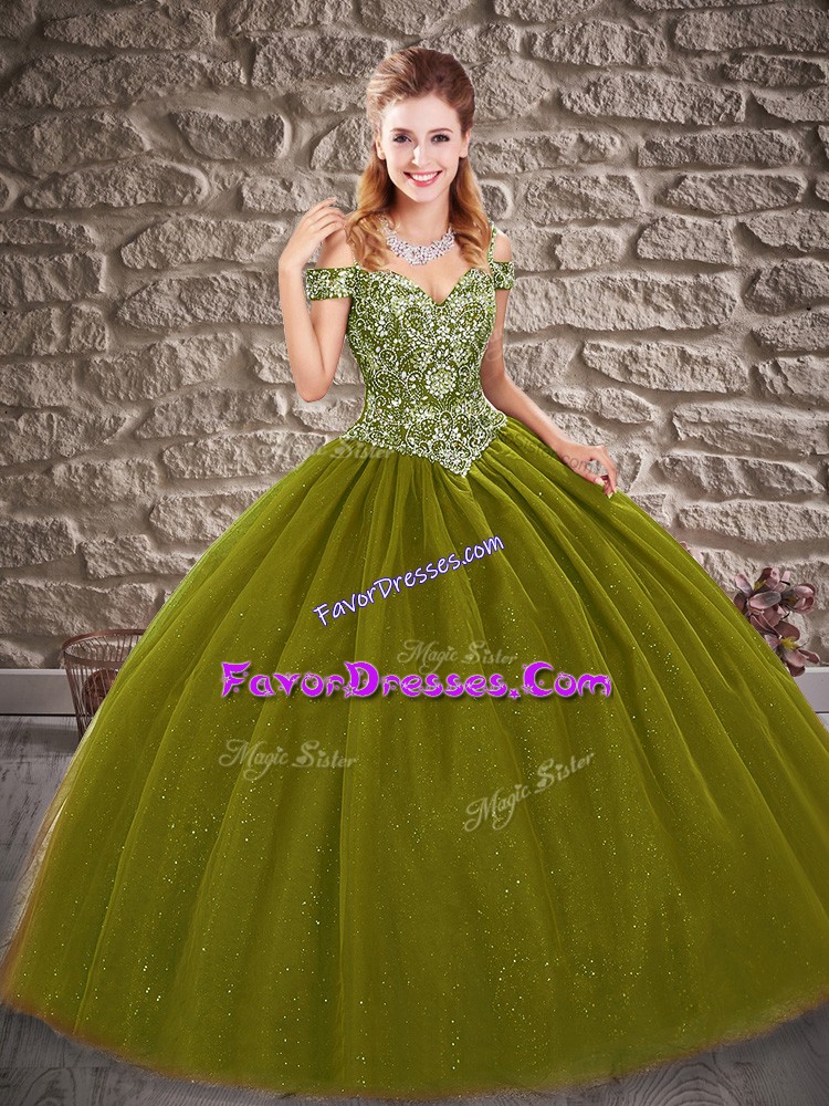  Sleeveless Floor Length Beading Lace Up Sweet 16 Quinceanera Dress with Olive Green