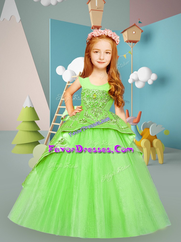 On Sale Scoop Sleeveless Satin and Tulle Pageant Gowns Beading and Embroidery Brush Train Lace Up