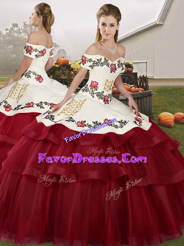 Dazzling Tulle Off The Shoulder Sleeveless Brush Train Lace Up Embroidery and Ruffled Layers Vestidos de Quinceanera in Wine Red