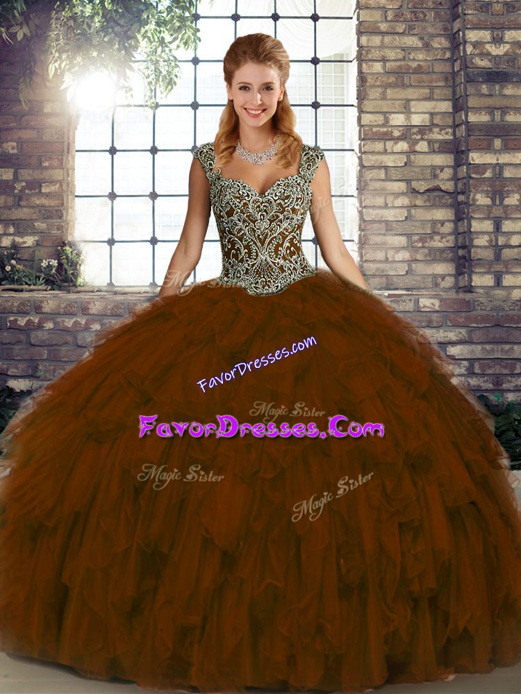  Brown Vestidos de Quinceanera Military Ball and Sweet 16 and Quinceanera with Beading and Ruffles Straps Sleeveless Lace Up
