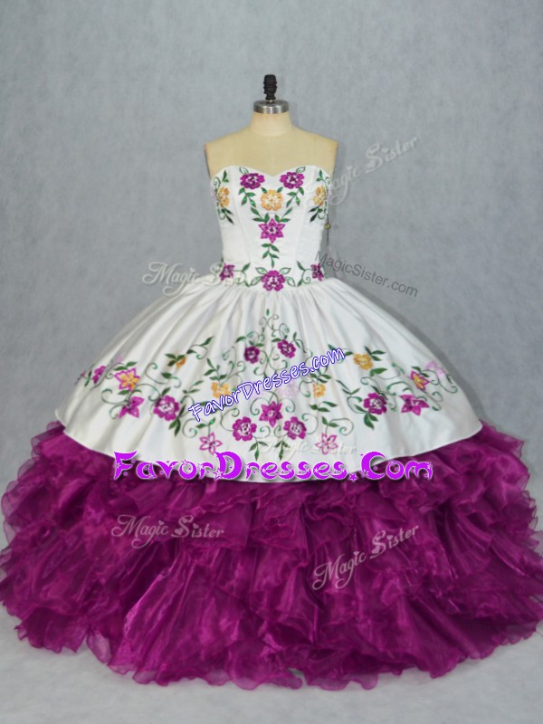 Trendy Fuchsia Organza Lace Up Sweetheart Sleeveless Floor Length Quinceanera Dresses Embroidery and Ruffles