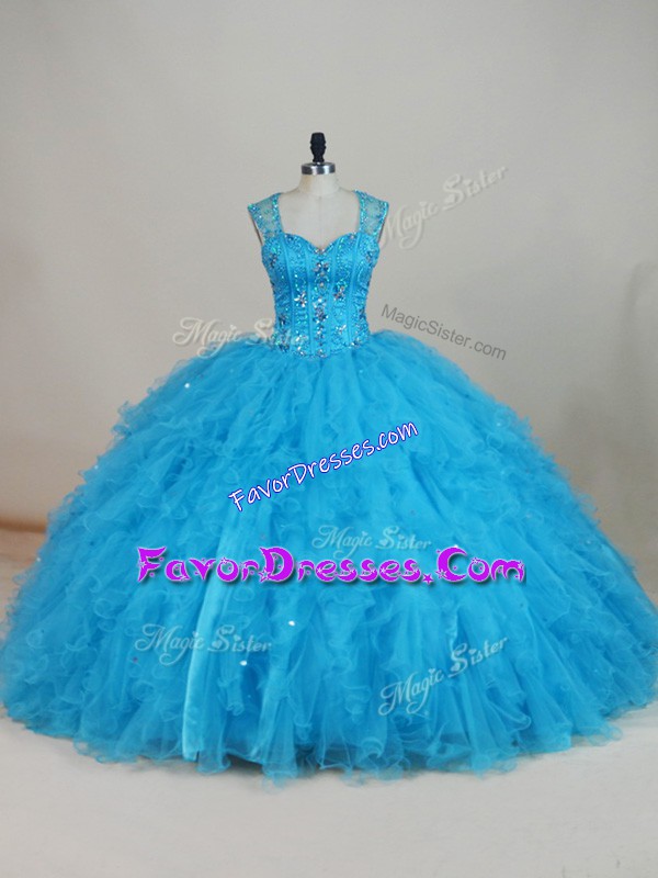  Baby Blue Zipper Straps Beading and Ruffles Sweet 16 Quinceanera Dress Tulle Sleeveless