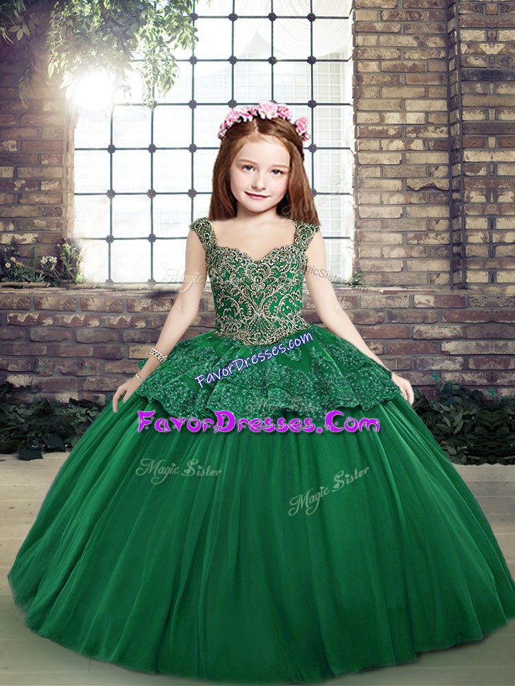 Dark Green Straps Neckline Beading and Lace Little Girl Pageant Dress Sleeveless Lace Up