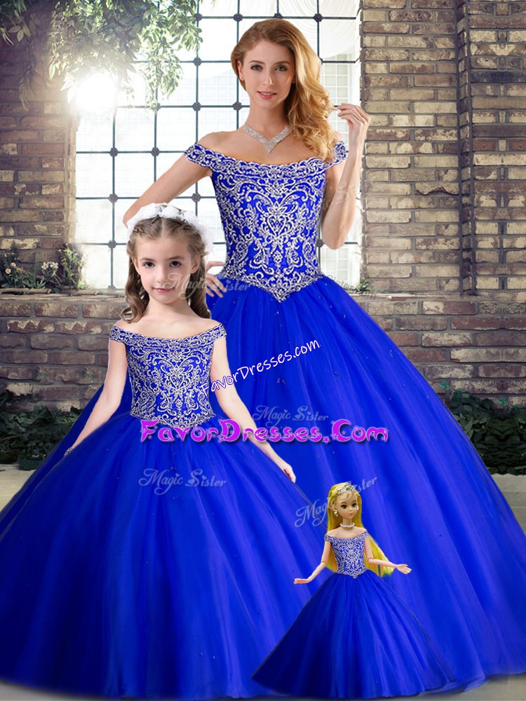 Custom Made Royal Blue Ball Gowns Beading Sweet 16 Dresses Lace Up Tulle Sleeveless