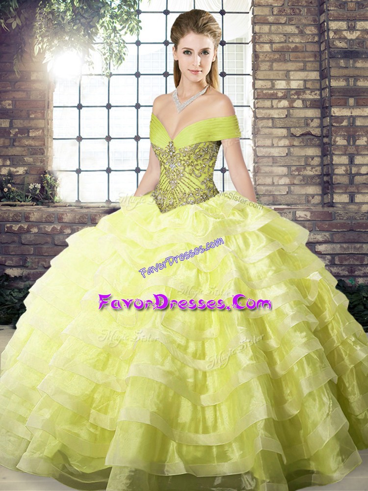  Off The Shoulder Sleeveless Brush Train Lace Up Ball Gown Prom Dress Yellow Organza