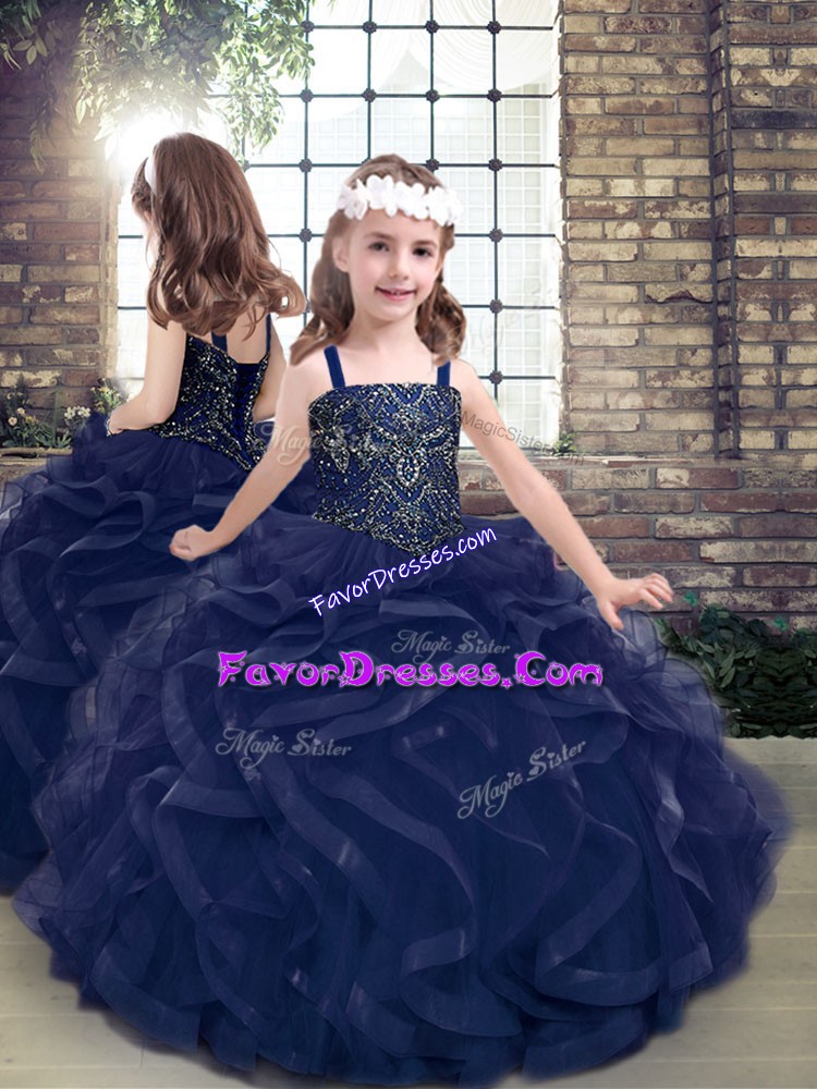  Beading and Ruffles Child Pageant Dress Navy Blue Lace Up Sleeveless Floor Length