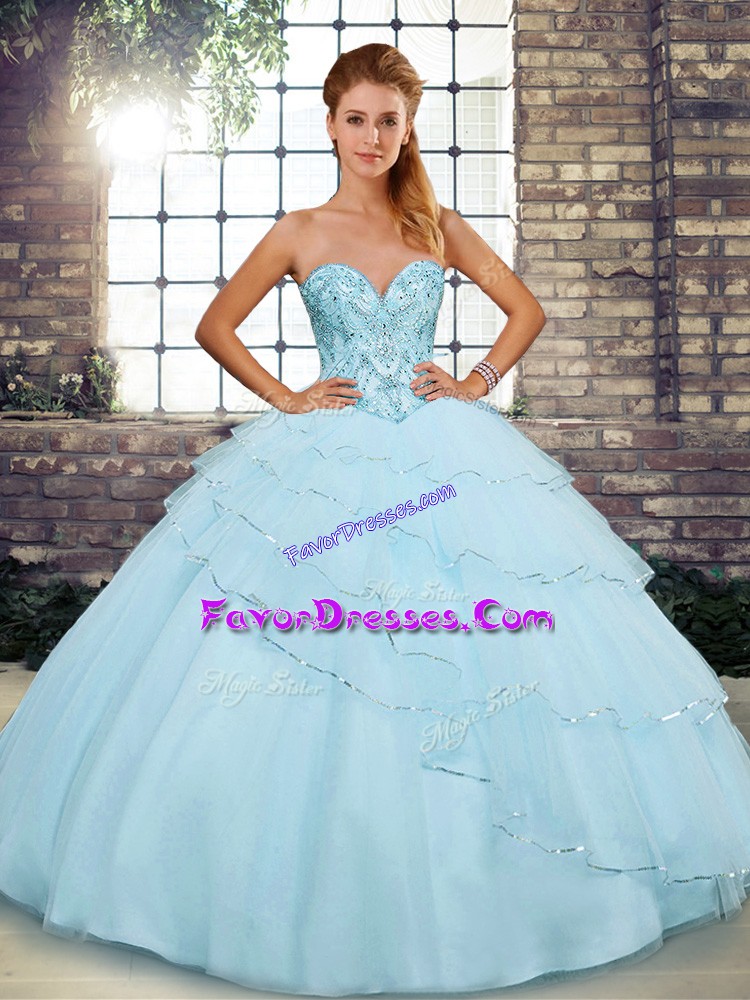 On Sale Light Blue Ball Gowns Sweetheart Sleeveless Tulle Brush Train Lace Up Beading and Ruffled Layers 15th Birthday Dress