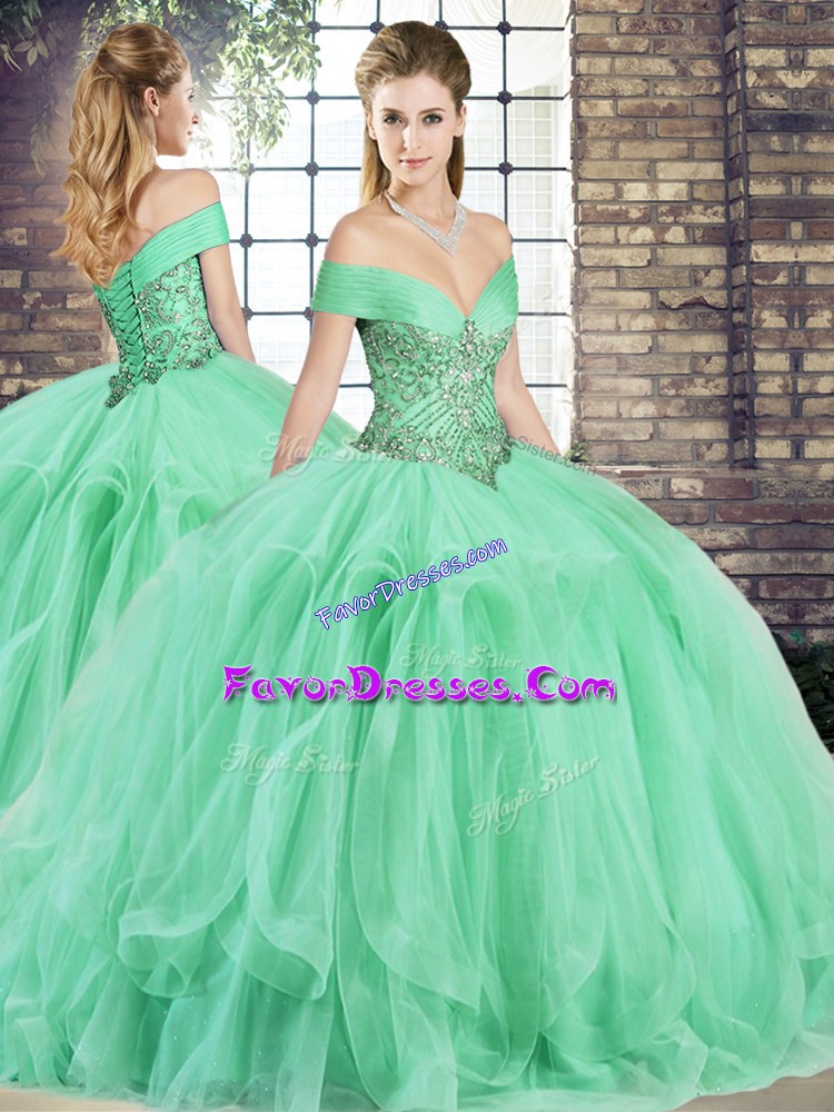 Hot Selling Ball Gowns Sweet 16 Quinceanera Dress Apple Green Off The Shoulder Tulle Sleeveless Floor Length Lace Up
