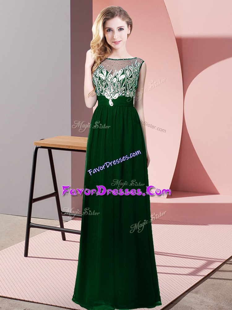  Green Sleeveless Beading Floor Length Prom Dress
