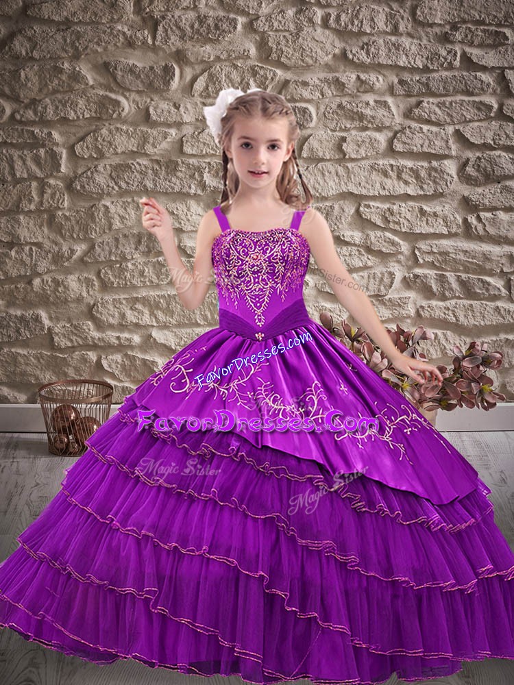  Floor Length Purple Pageant Dress for Teens Organza Sleeveless Embroidery and Ruffled Layers