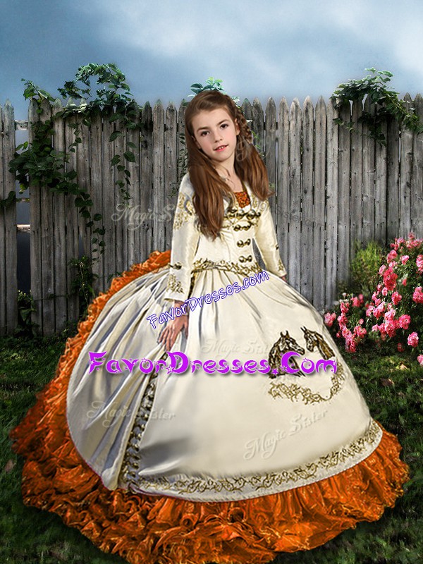 Admirable White Kids Formal Wear Satin and Organza Sweep Train Sleeveless Embroidery and Ruffles
