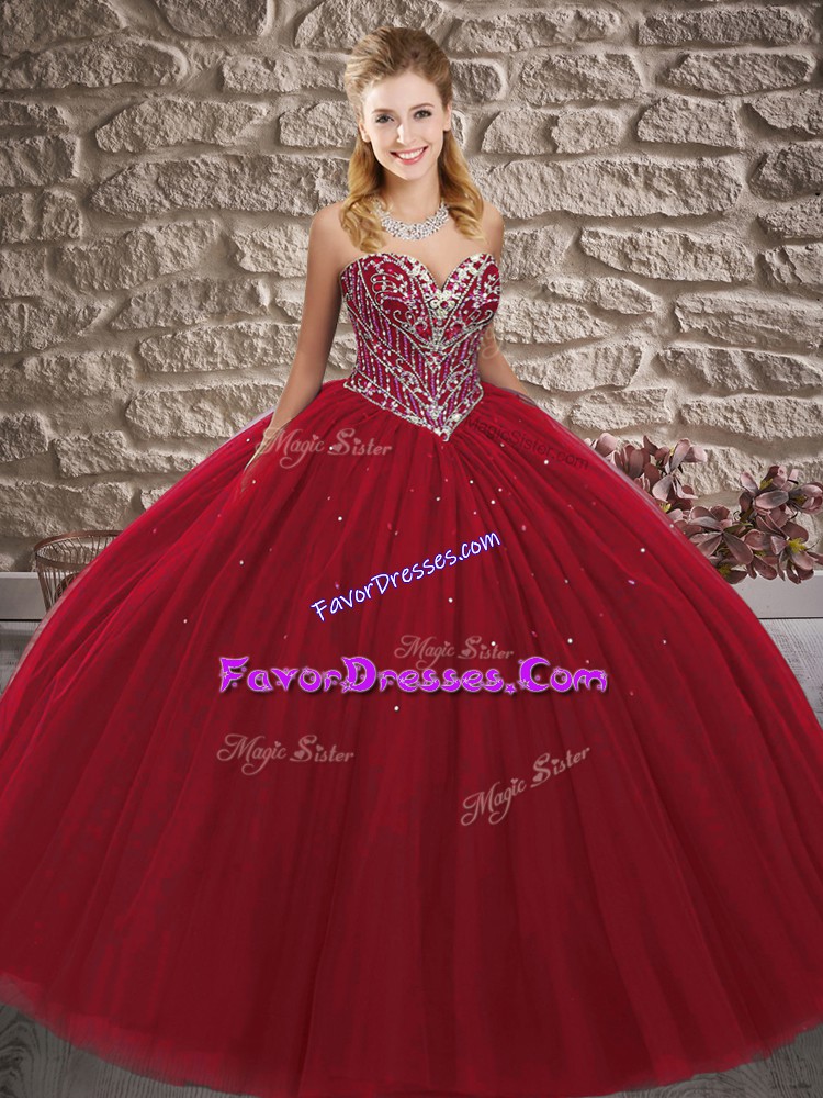 Custom Design Wine Red Sweetheart Lace Up Beading Sweet 16 Dresses Sleeveless
