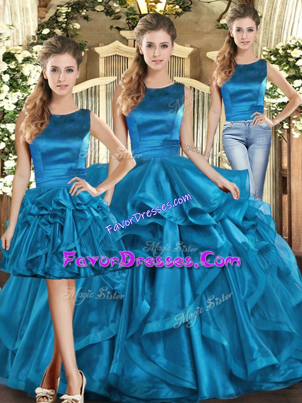 Modern Scoop Sleeveless Organza Ball Gown Prom Dress Ruffles Lace Up
