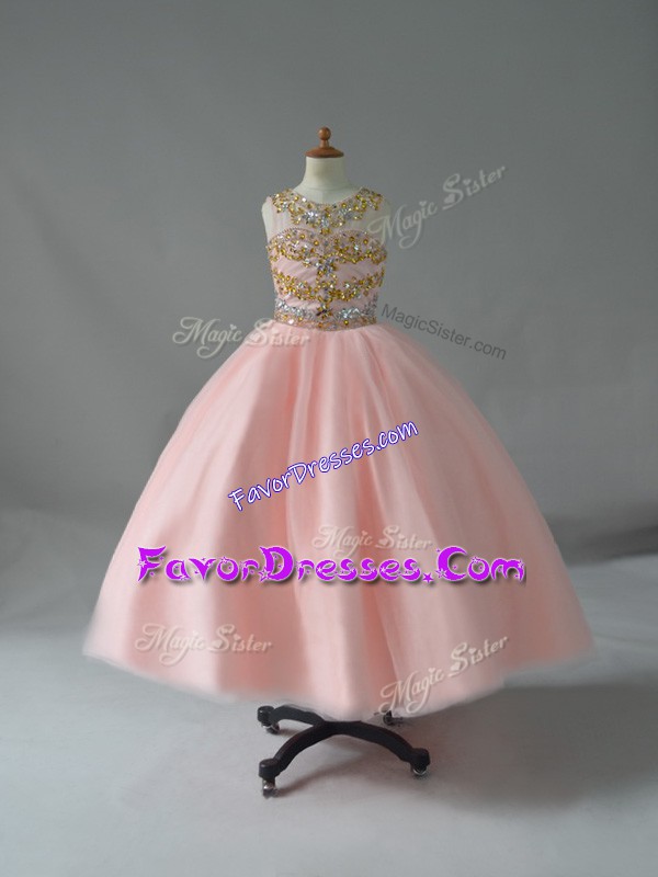 Wonderful Pink Ball Gowns Beading Little Girl Pageant Dress Backless Tulle Sleeveless Floor Length