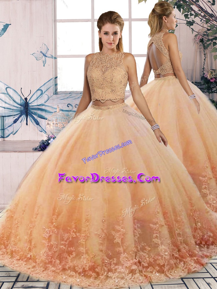  Peach Two Pieces Tulle Scalloped Sleeveless Lace Backless Ball Gown Prom Dress Sweep Train