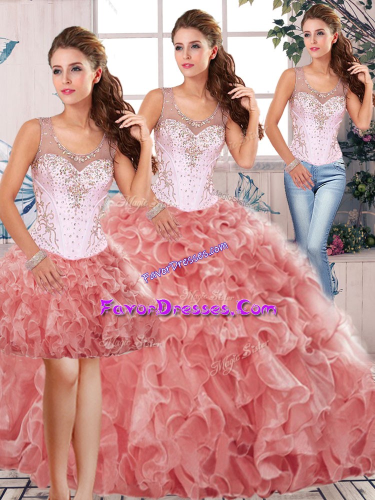  Watermelon Red Three Pieces Scoop Sleeveless Organza Floor Length Clasp Handle Beading and Ruffles Quinceanera Gown