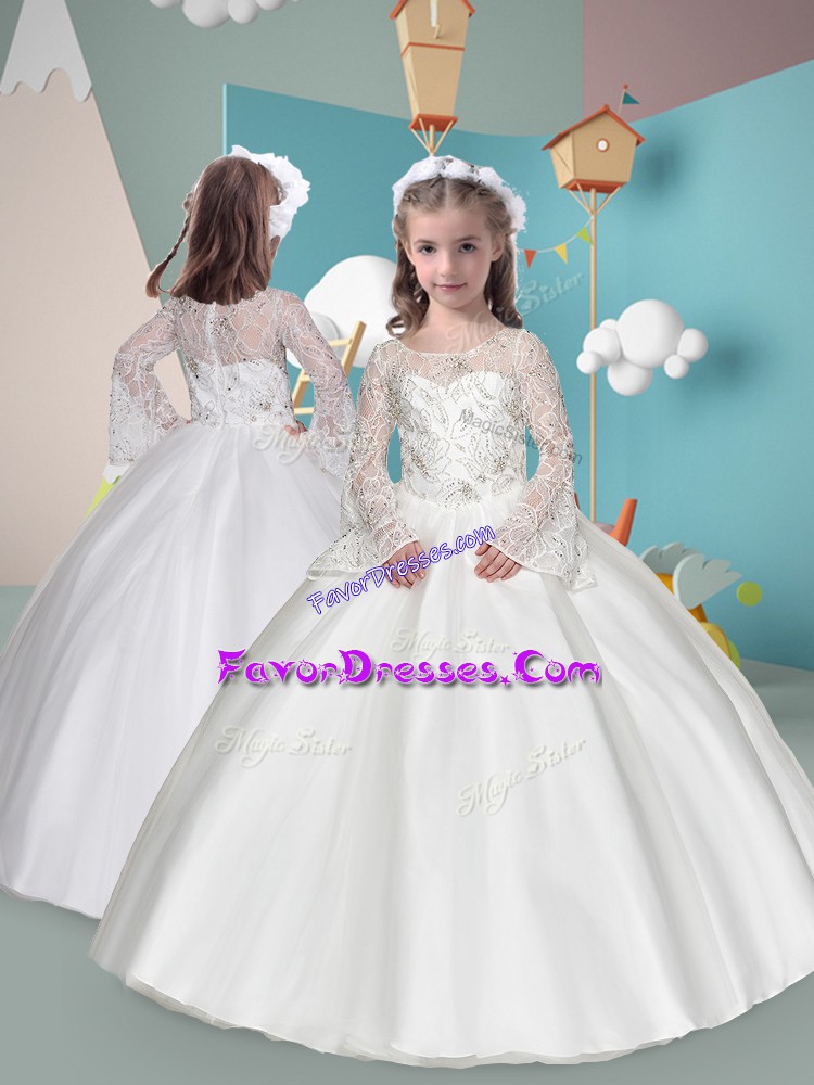 Low Price White Ball Gowns Beading Little Girl Pageant Dress Zipper Tulle Long Sleeves Floor Length
