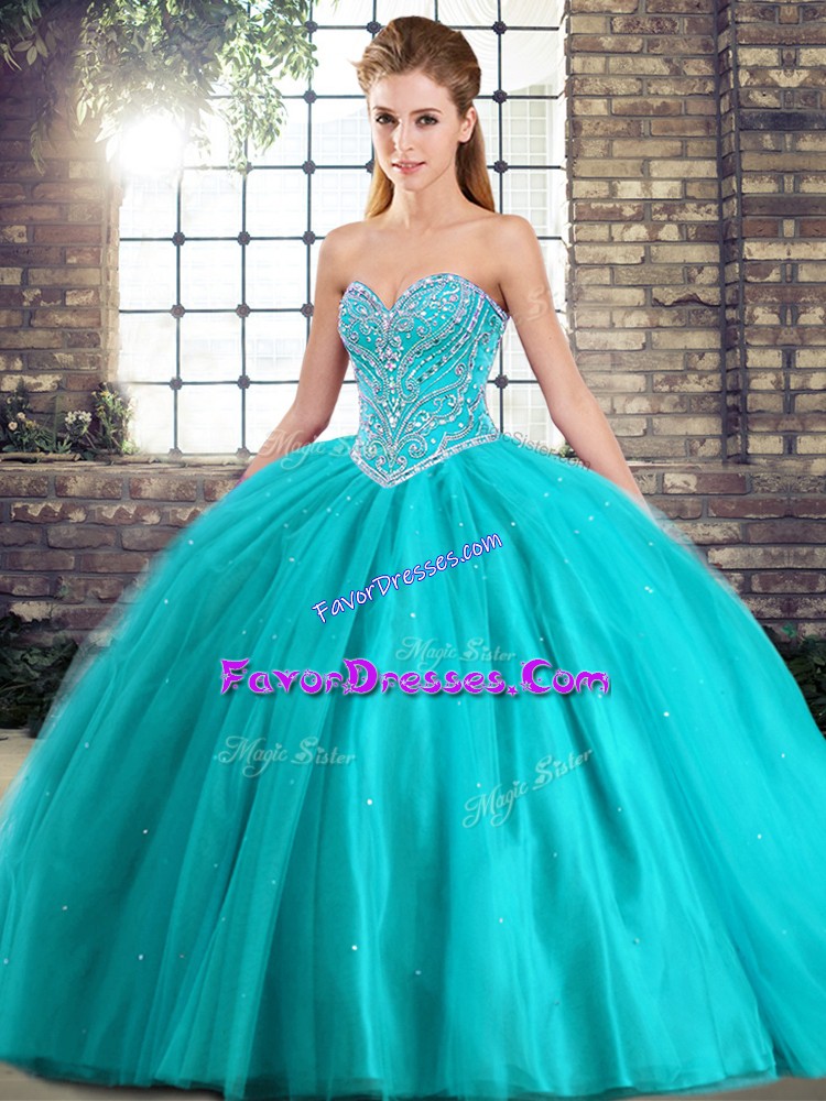  Brush Train Ball Gowns 15 Quinceanera Dress Aqua Blue Sweetheart Tulle Sleeveless Lace Up