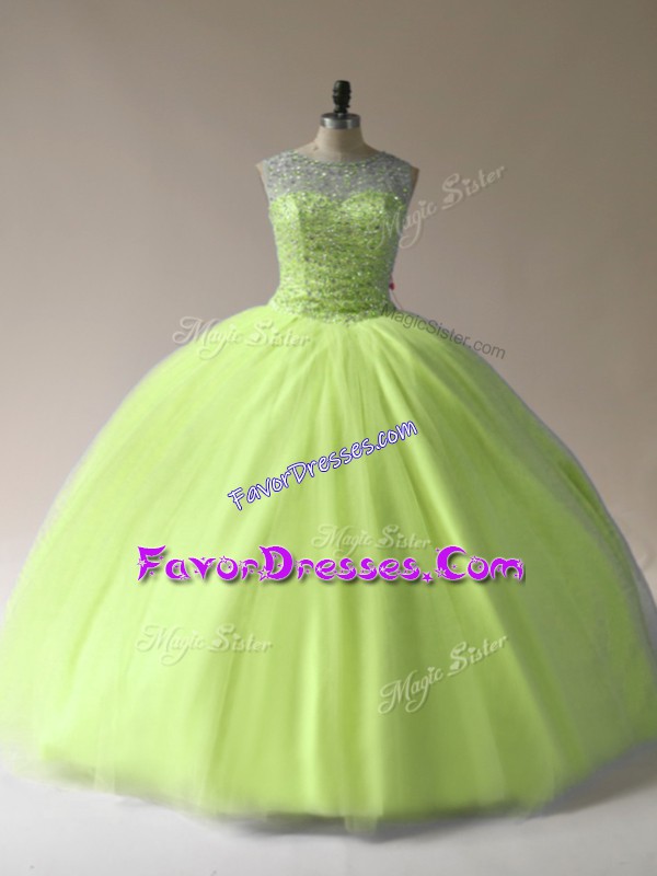Fine Yellow Green Scoop Lace Up Beading 15th Birthday Dress Sleeveless