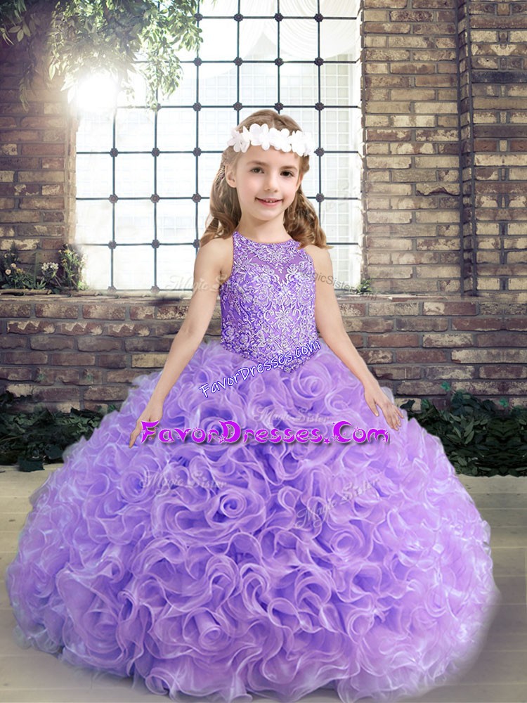  Scoop Sleeveless Little Girl Pageant Dress Floor Length Beading and Ruching Lavender Fabric With Rolling Flowers