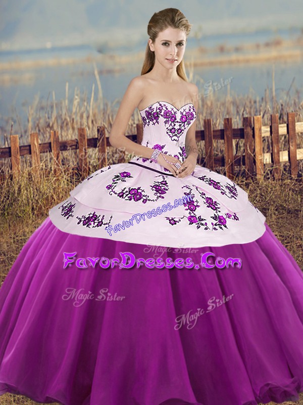  Floor Length Lace Up Quinceanera Dresses White And Purple for Military Ball and Sweet 16 and Quinceanera with Embroidery and Bowknot