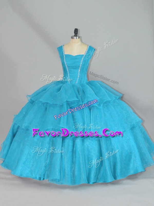 Stunning Aqua Blue Ball Gowns Beading and Ruffled Layers Quinceanera Gown Lace Up Organza Sleeveless Floor Length