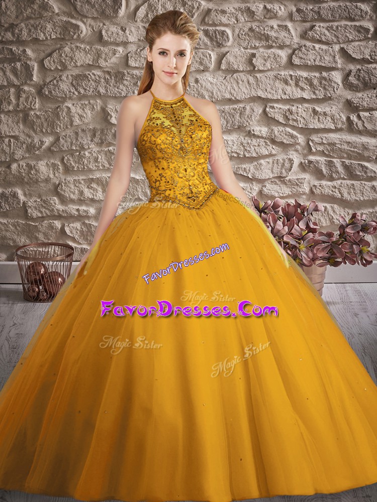  Brush Train Ball Gowns 15 Quinceanera Dress Gold Halter Top Tulle Sleeveless Lace Up