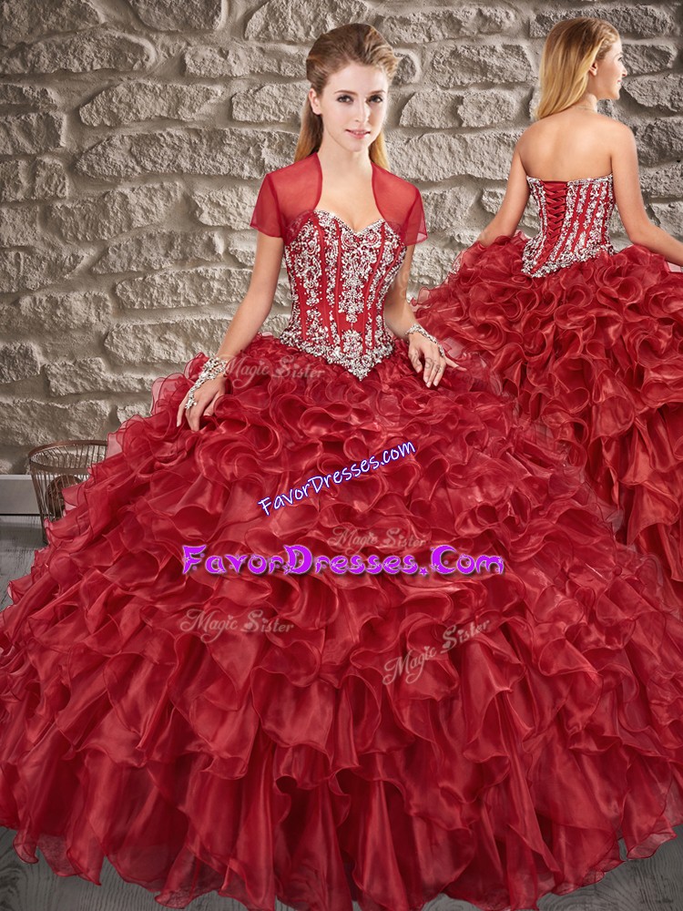 Exquisite Burgundy Sweetheart Neckline Beading and Ruffles Sweet 16 Dresses Sleeveless Lace Up