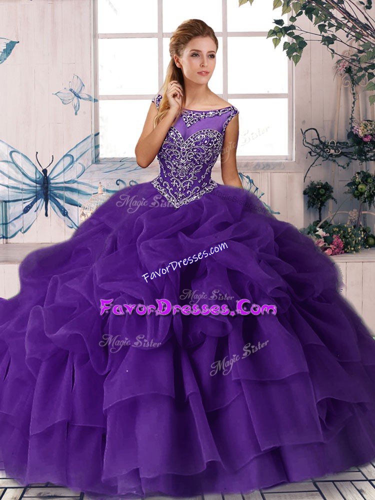  Sleeveless Beading and Pick Ups Zipper Quinceanera Gowns with Purple Brush Train