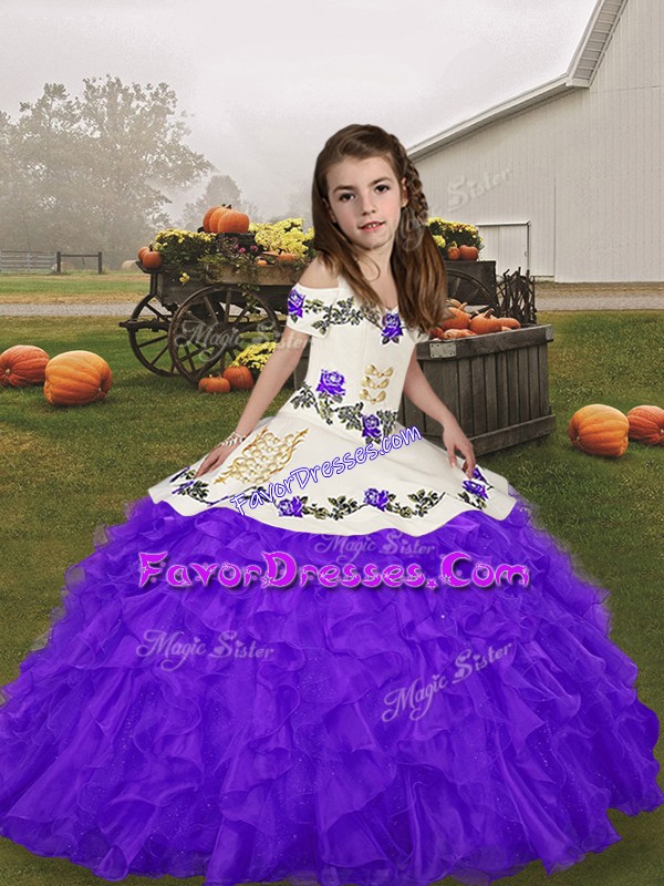  Purple Straps Neckline Embroidery and Ruffles Little Girls Pageant Gowns Sleeveless Lace Up