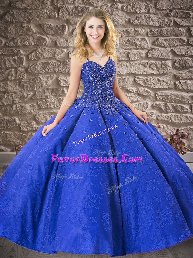 Hot Sale Floor Length Royal Blue Quinceanera Dresses Spaghetti Straps Sleeveless Lace Up