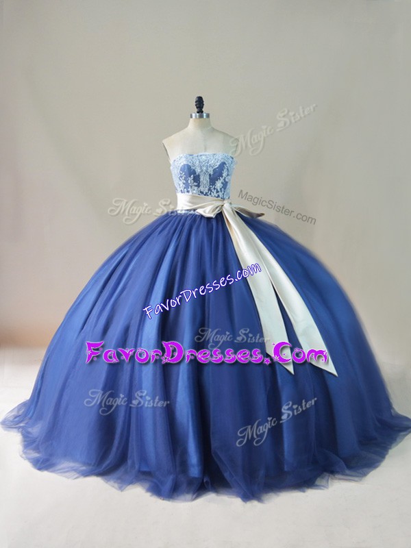 Perfect Navy Blue Sleeveless Appliques and Sashes ribbons and Bowknot Lace Up Quince Ball Gowns