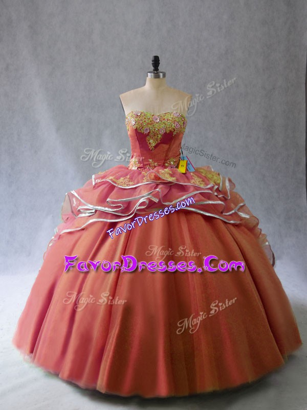  Tulle Sweetheart Sleeveless Brush Train Lace Up Appliques and Ruffles Sweet 16 Dresses in Rust Red