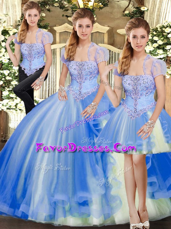 Edgy Blue Lace Up Sweet 16 Quinceanera Dress Beading and Ruffles Sleeveless Floor Length
