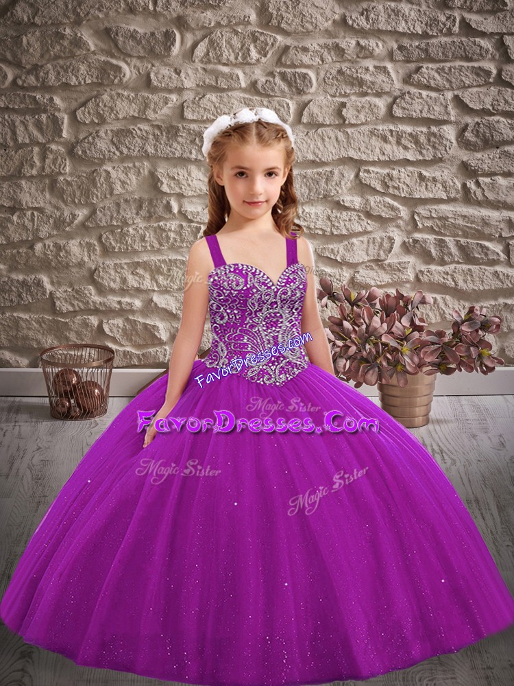 Dramatic Straps Sleeveless Lace Up Little Girl Pageant Dress Purple Tulle