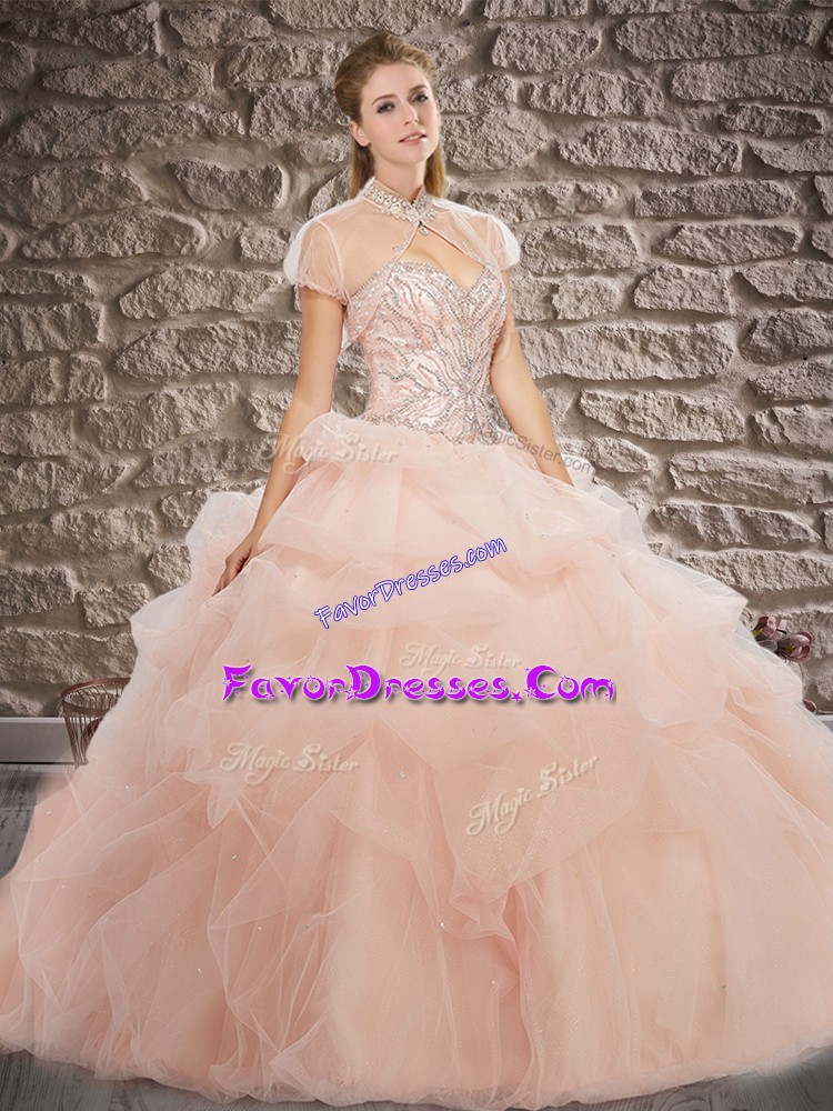 Decent Brush Train Ball Gowns Vestidos de Quinceanera Pink Sweetheart Tulle Sleeveless Lace Up