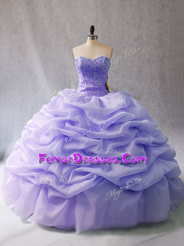  Lavender Sleeveless Beading and Pick Ups Lace Up Quince Ball Gowns