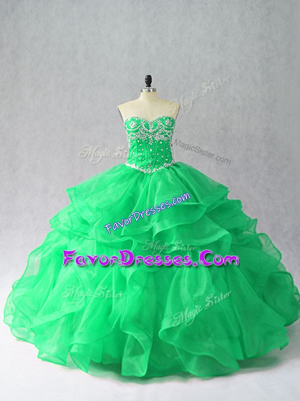  Green Sleeveless Organza Lace Up 15 Quinceanera Dress for Sweet 16 and Quinceanera