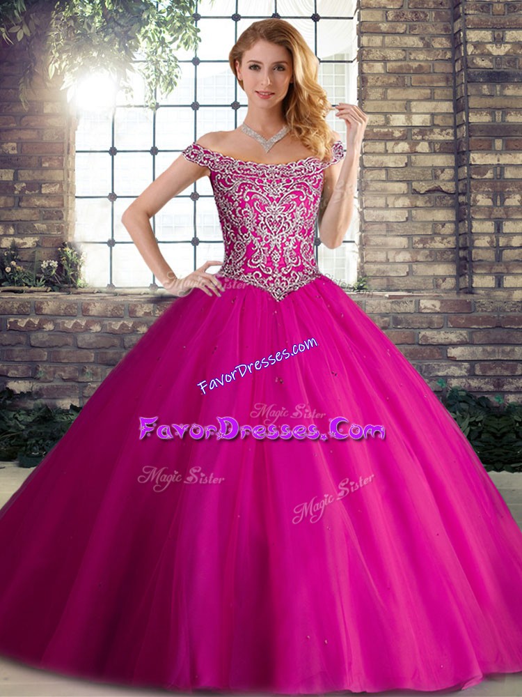 Most Popular Fuchsia Off The Shoulder Neckline Beading Ball Gown Prom Dress Sleeveless Lace Up