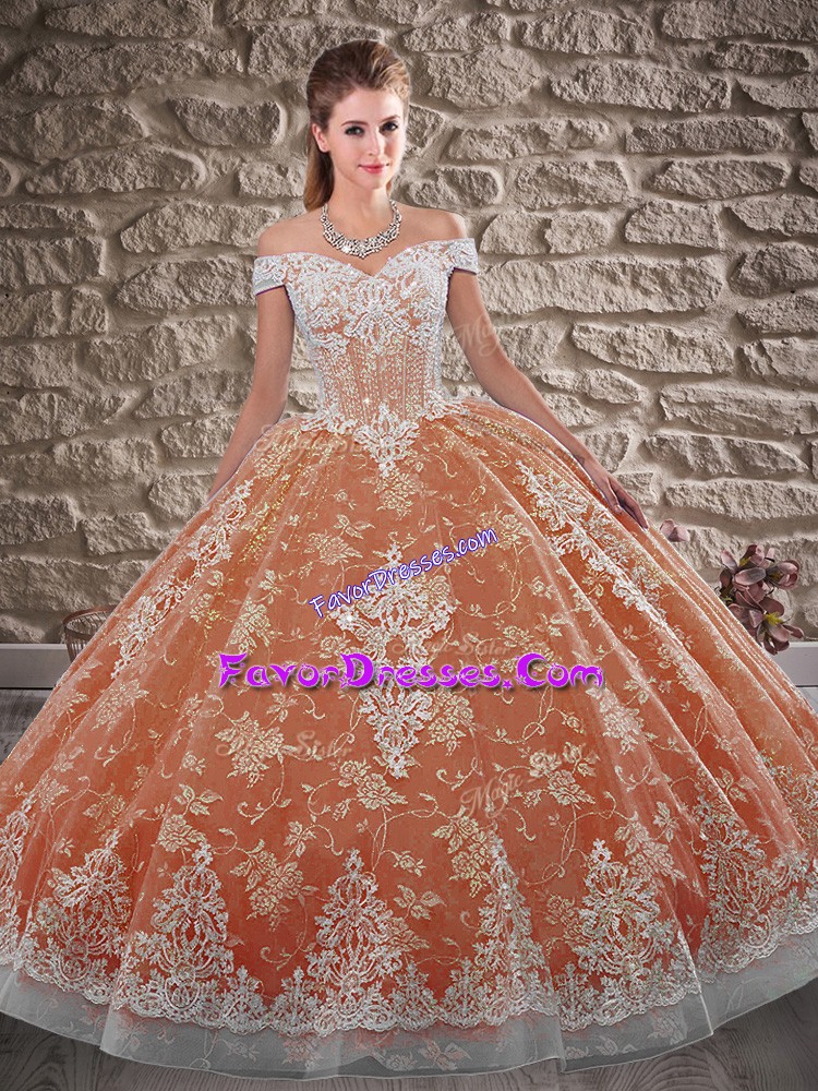 Great Orange Red Sleeveless Tulle and Lace Brush Train Lace Up 15th Birthday Dress for Military Ball and Sweet 16 and Quinceanera