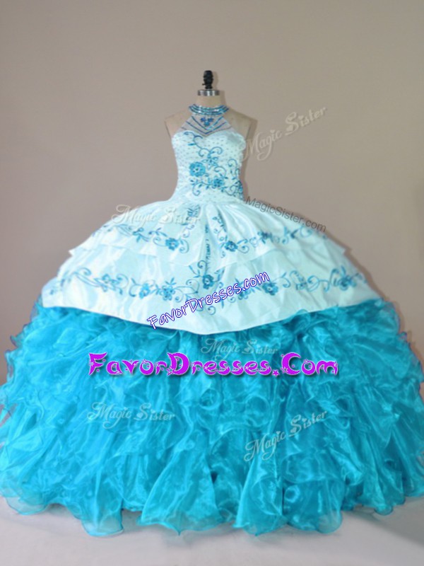  Halter Top Sleeveless Quince Ball Gowns Court Train Embroidery and Ruffles Aqua Blue Organza