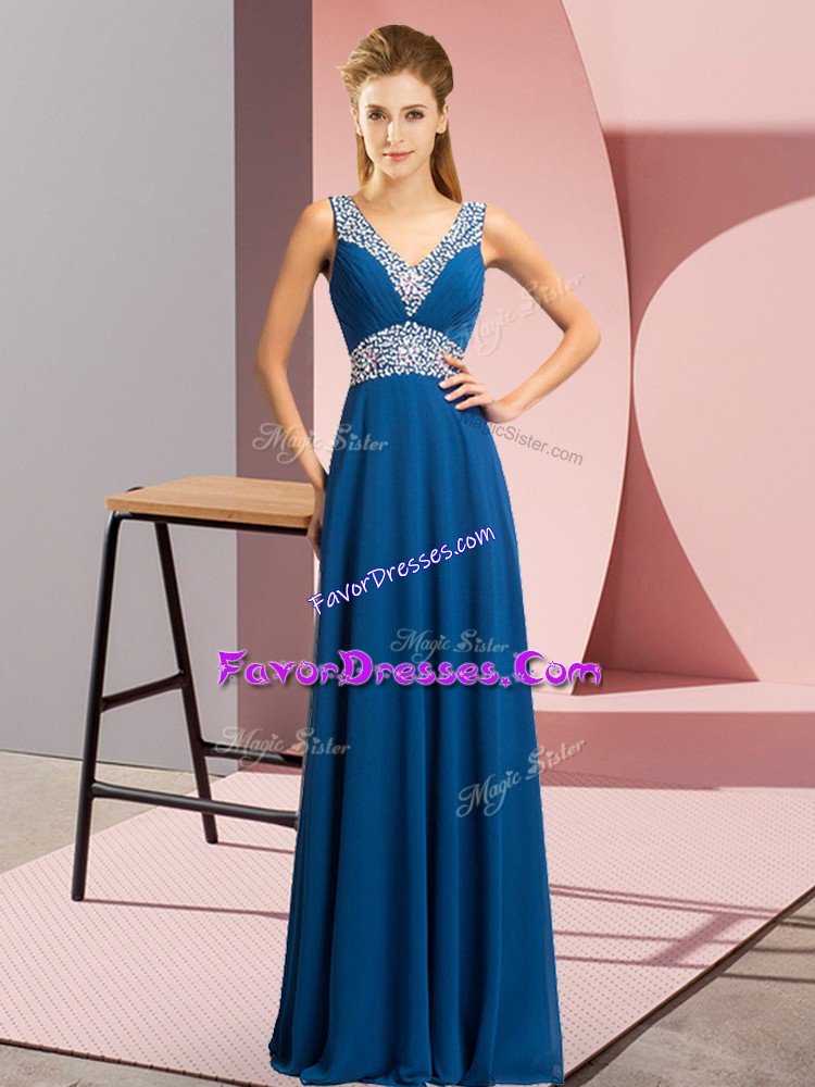 Beautiful Blue Sleeveless Floor Length Beading Lace Up Prom Homecoming Dress