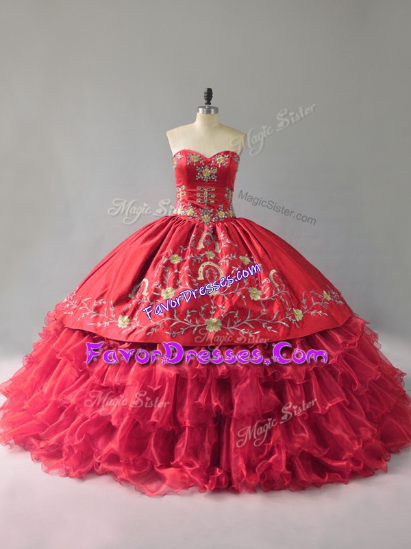  Sleeveless Floor Length Embroidery and Ruffles Lace Up Sweet 16 Dress with Red