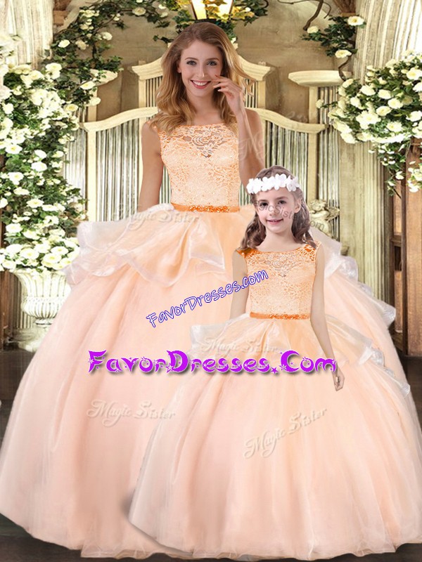  Scoop Sleeveless Quince Ball Gowns Floor Length Lace Peach Organza