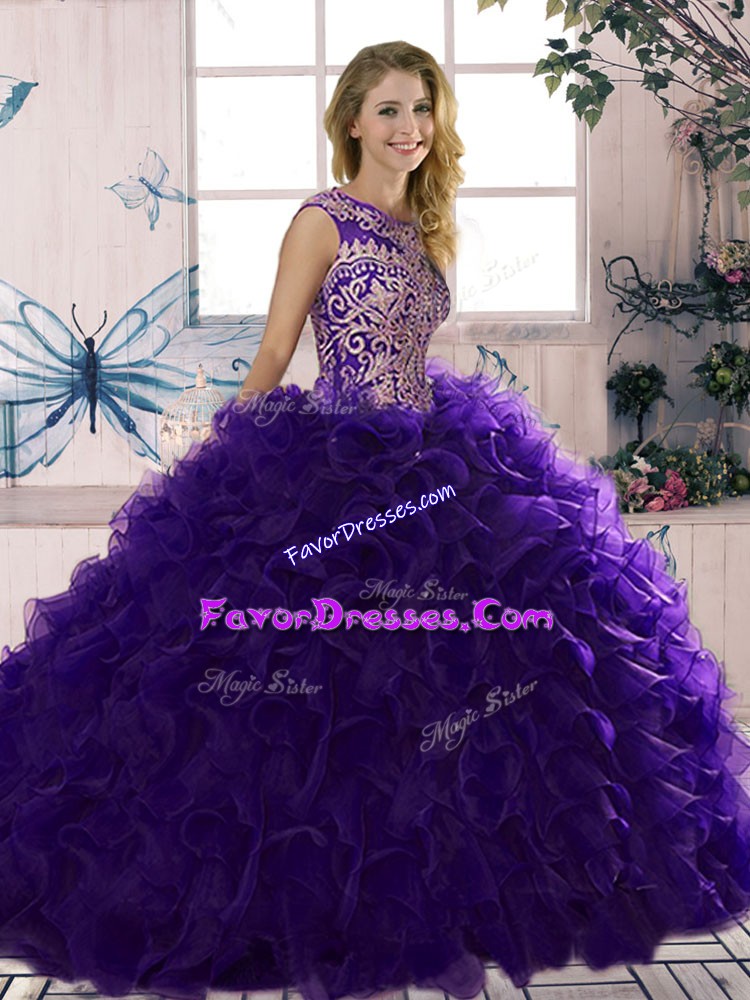  Purple Scoop Lace Up Beading and Ruffles Quinceanera Gowns Sleeveless