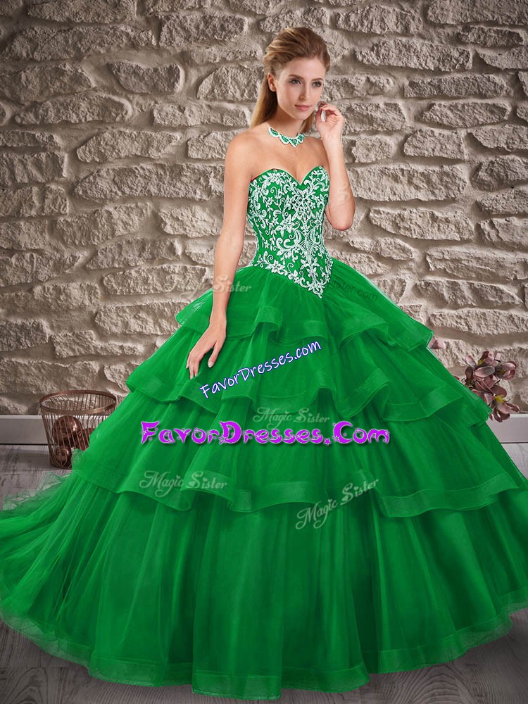 Dazzling Embroidery and Ruffled Layers 15 Quinceanera Dress Green Lace Up Sleeveless Brush Train