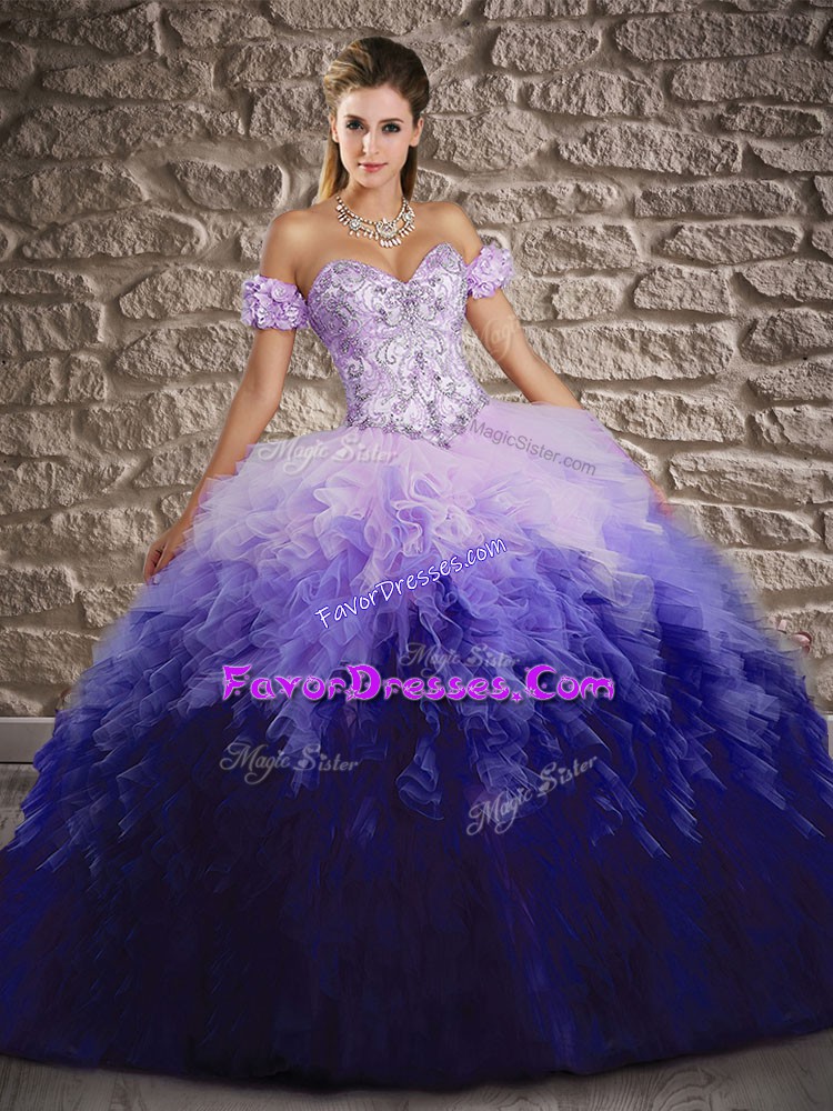 Hot Selling Tulle Sleeveless Quinceanera Gown Brush Train and Beading and Ruffles